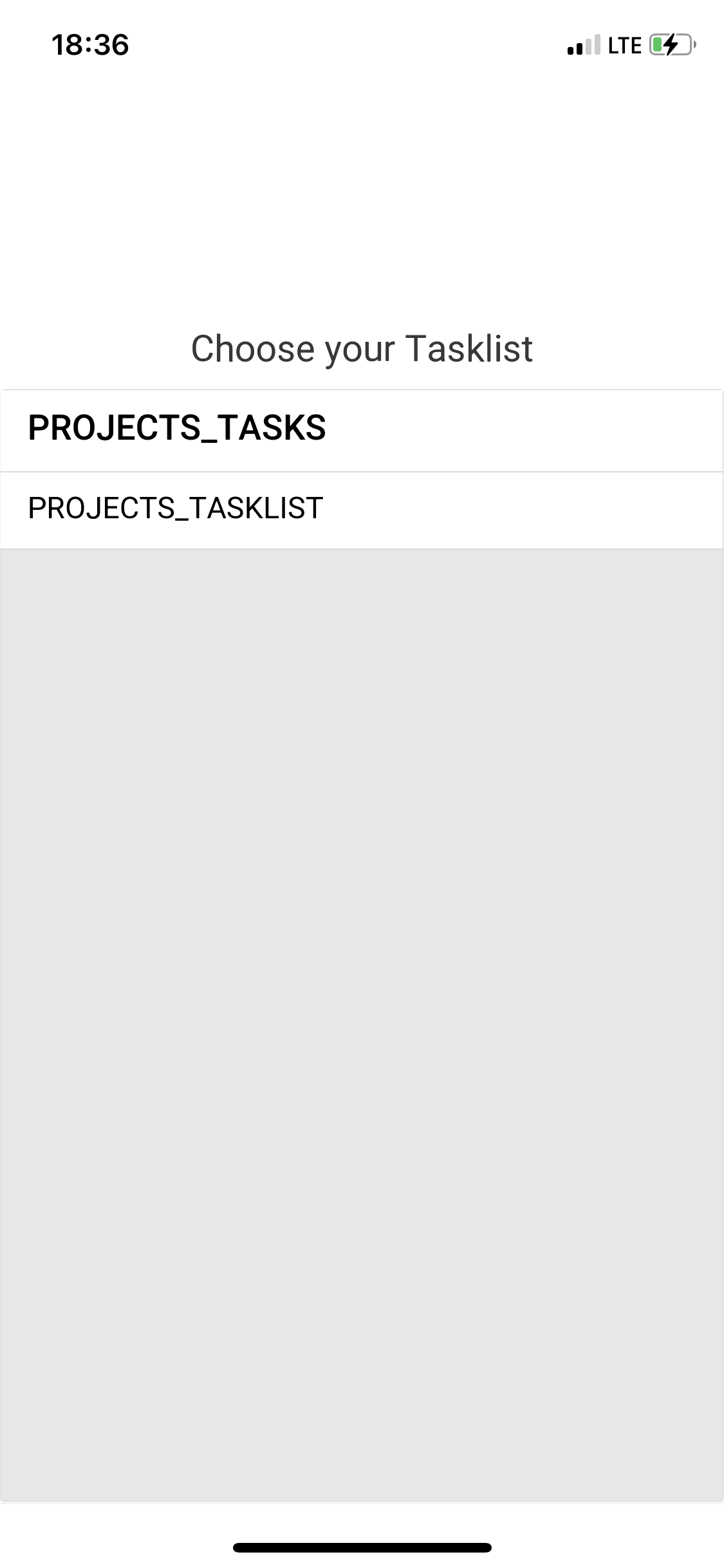 Screenshot of task list selection